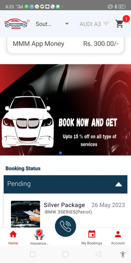 Service Booking App: Home screen with booking status