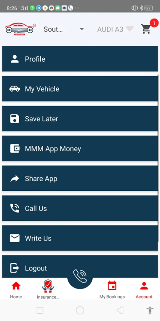 Service Booking App: Account menu