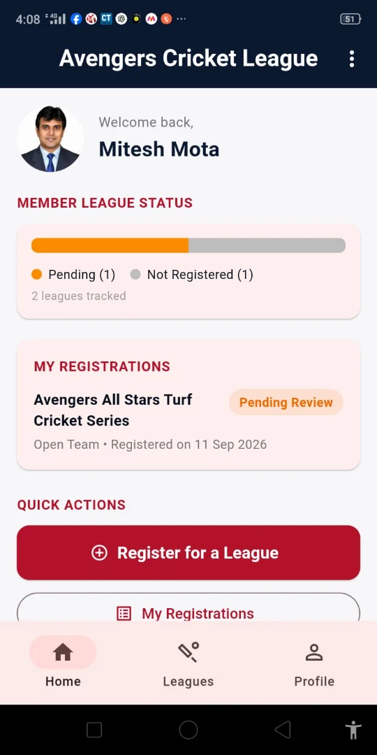 Cricket Tournament App: Member home screen