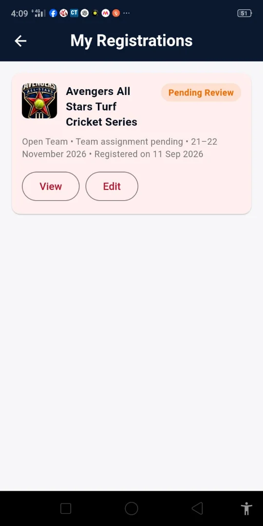 Cricket Tournament App: My registrations