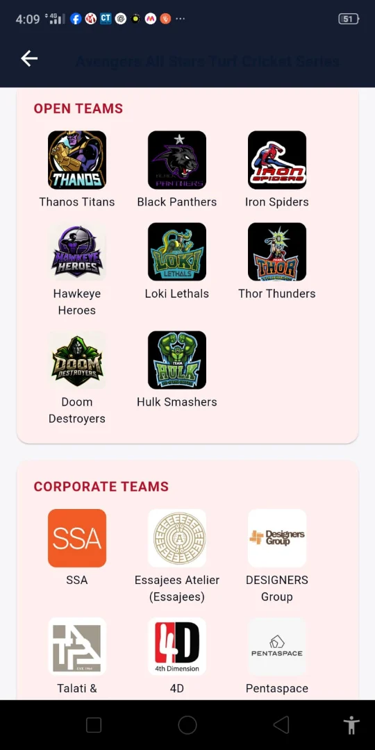 Cricket Tournament App: Teams