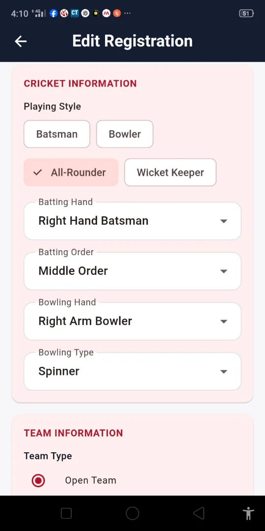 Cricket Tournament App: Cricket information in registration