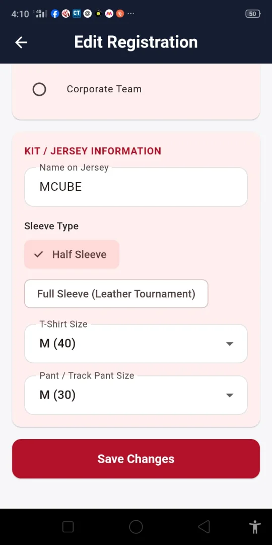Cricket Tournament App: Kit and jersey information