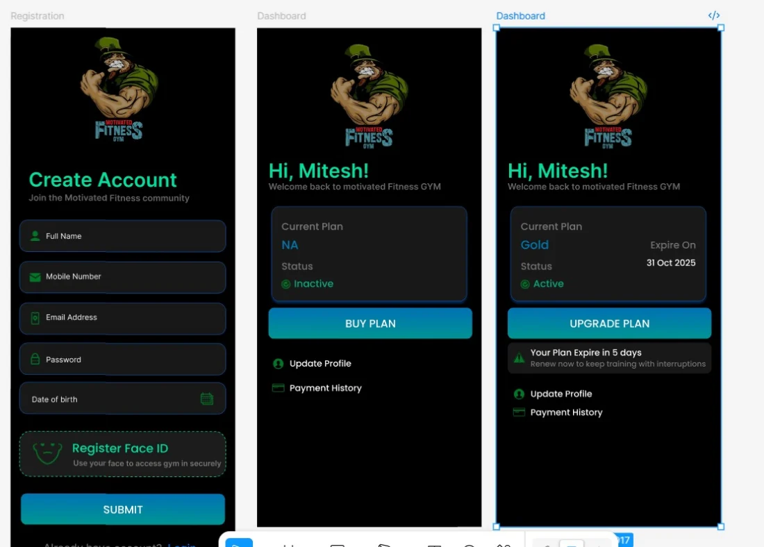 Gym App screens
