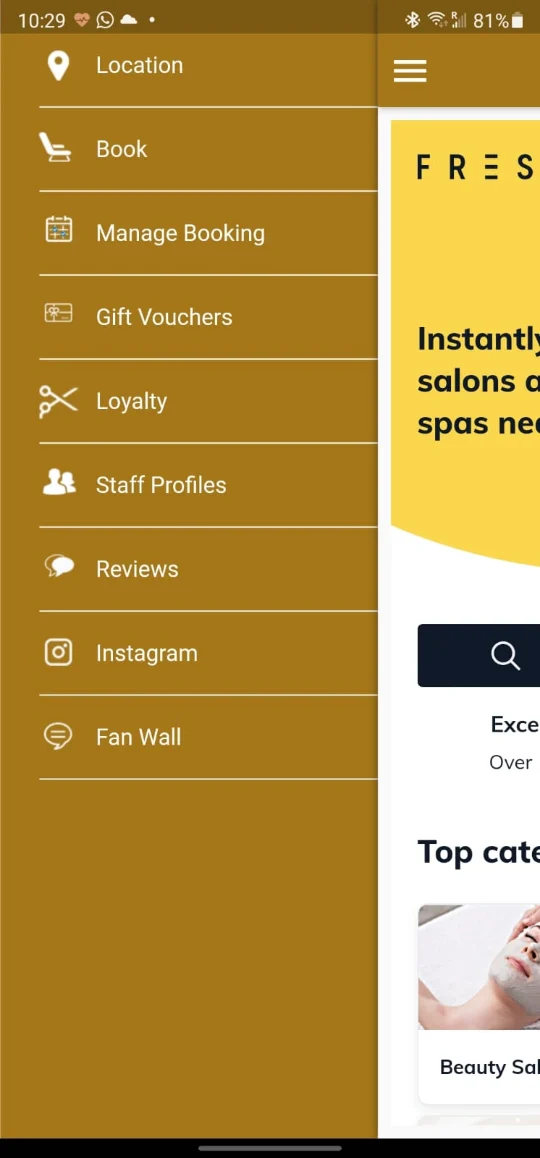 Salon App: Menu with booking, vouchers and loyalty