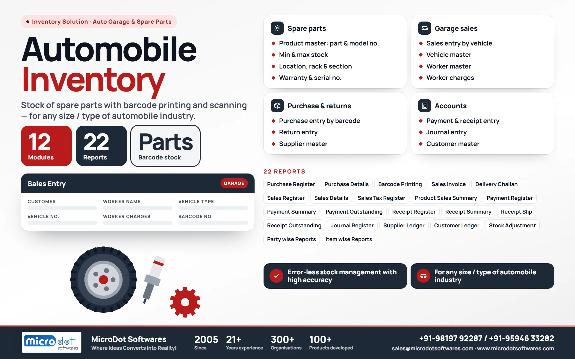 Automobile Inventory: product brochure with features, modules, reports and benefits