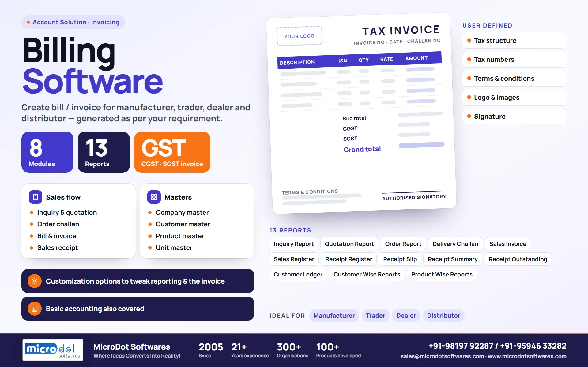 Billing Software: product brochure with features, modules, reports and benefits