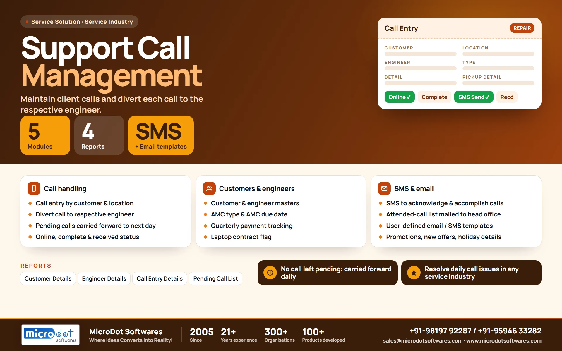 Support Call Management: product brochure with features, modules, reports and benefits