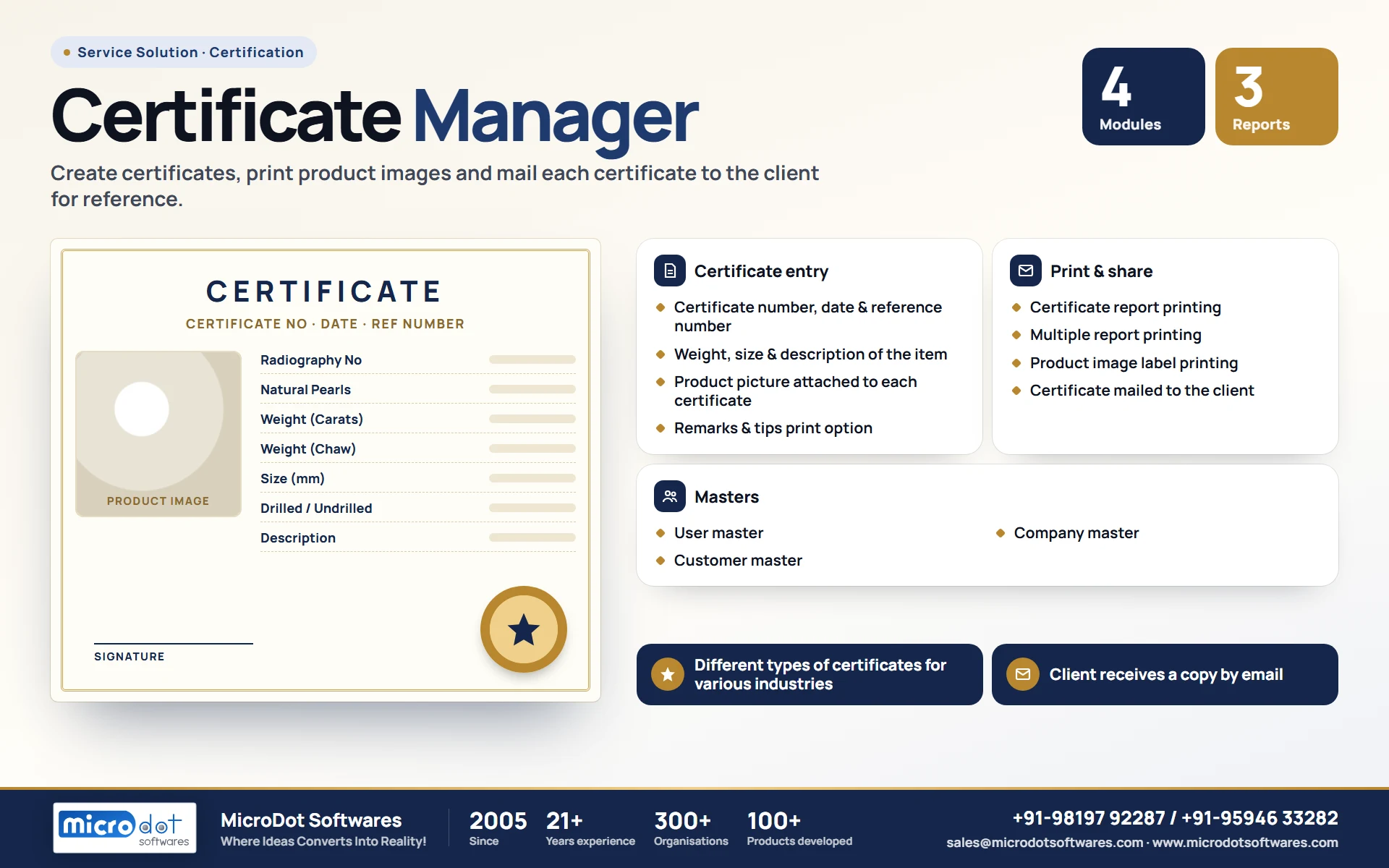 Certificate Manager: product brochure with features, modules, reports and benefits