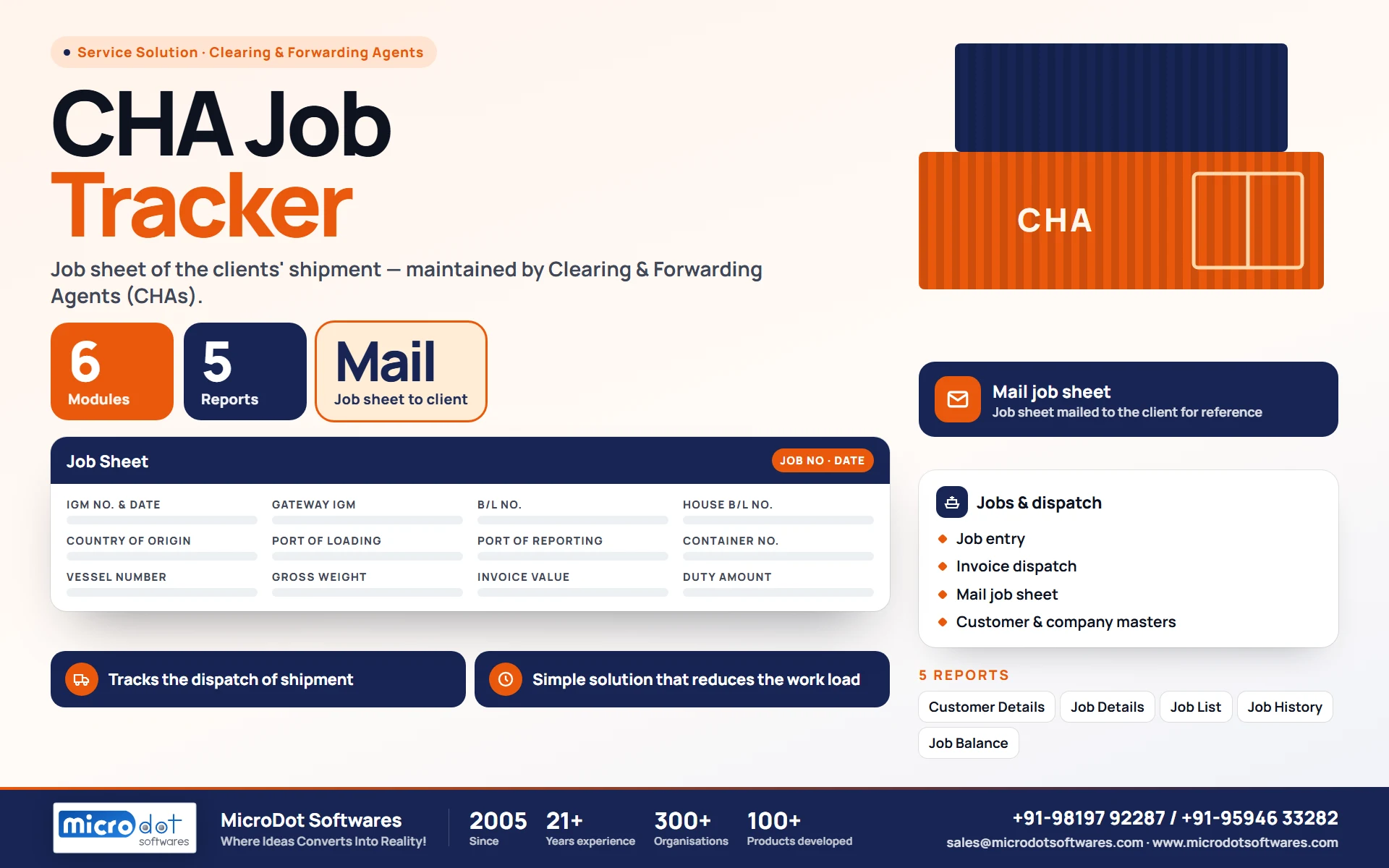 CHA Job Tracker: product brochure with features, modules, reports and benefits