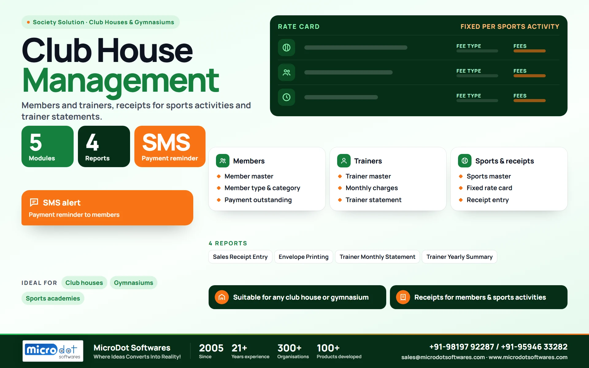 Club House Management: product brochure with features, modules, reports and benefits