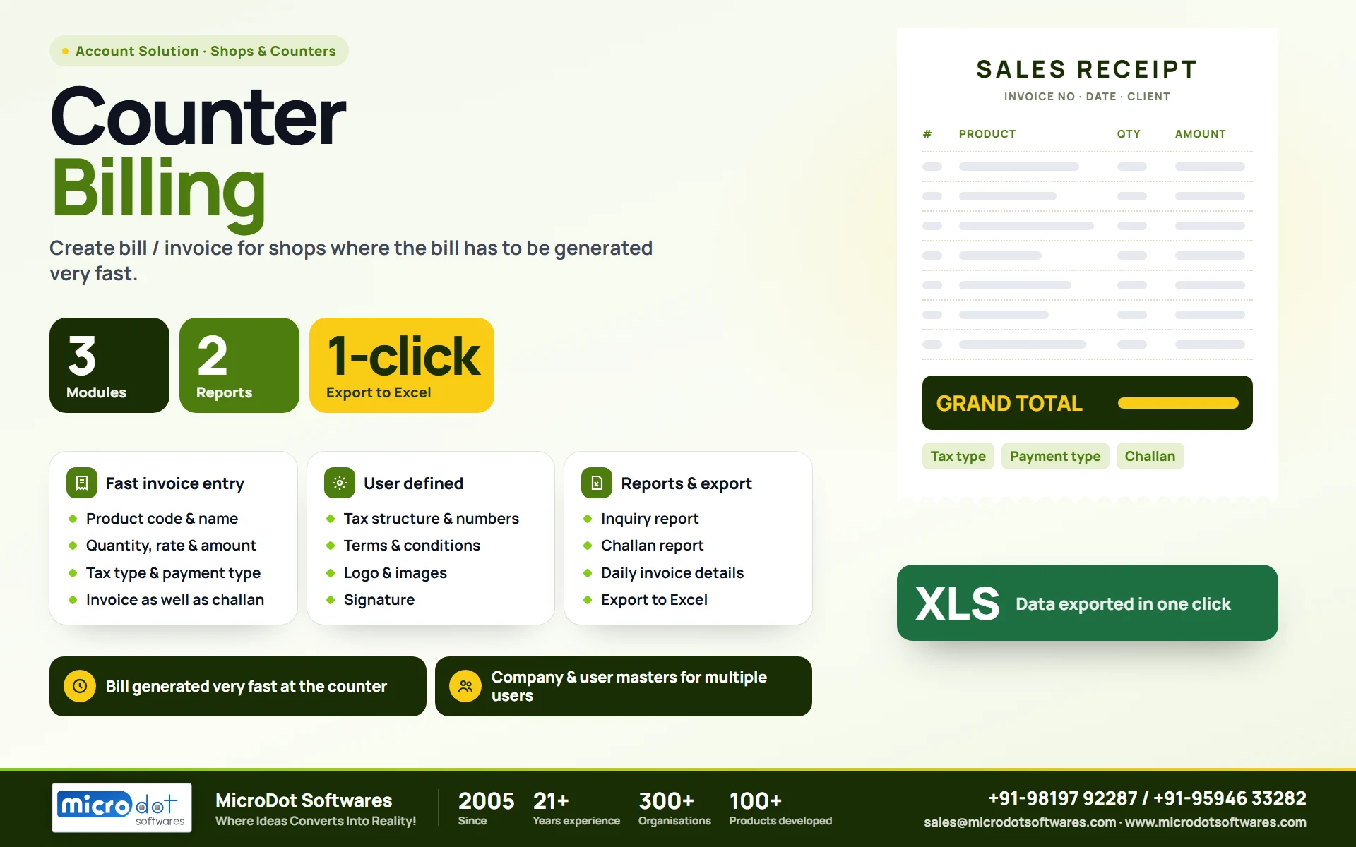 Counter Billing: product brochure with features, modules, reports and benefits
