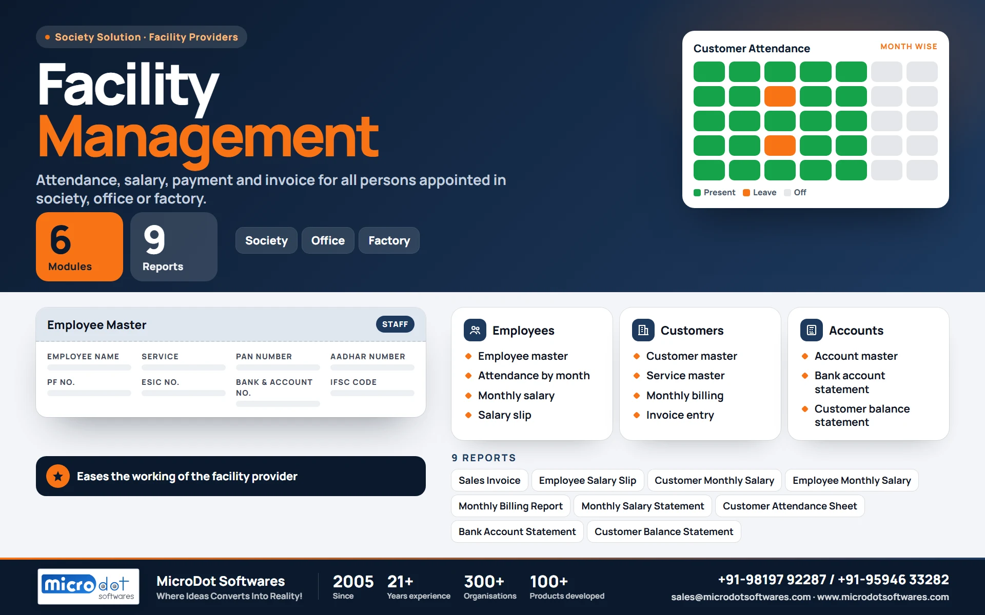Facility Management: product brochure with features, modules, reports and benefits