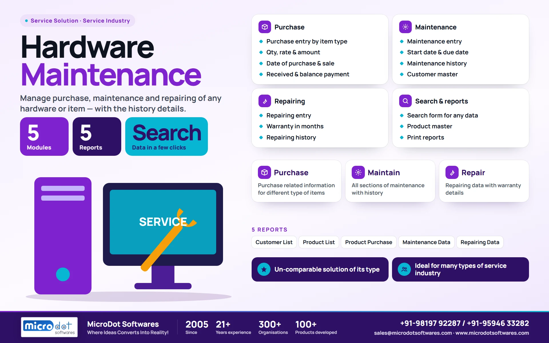 Hardware Maintenance: product brochure with features, modules, reports and benefits