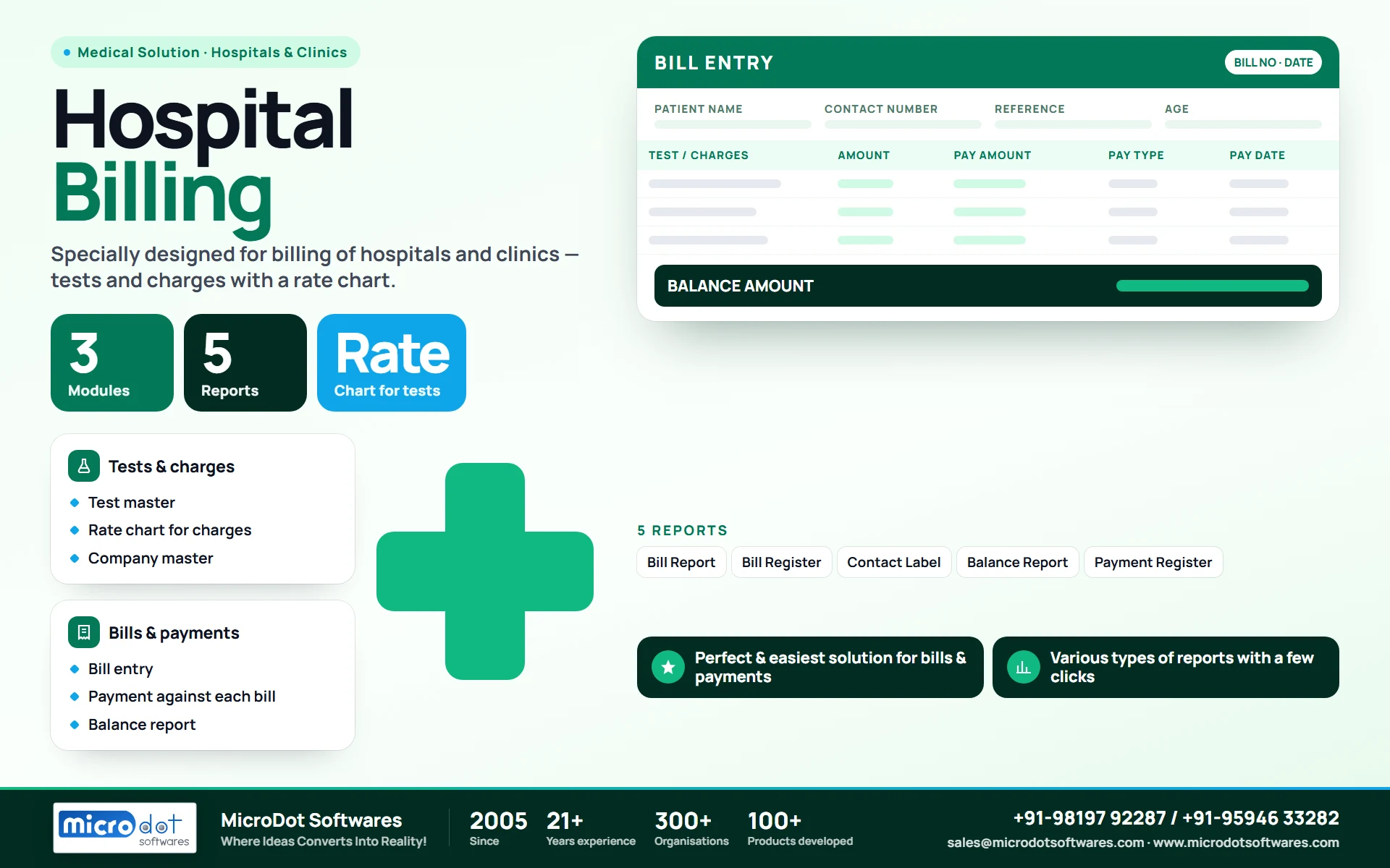Hospital Billing: product brochure with features, modules, reports and benefits