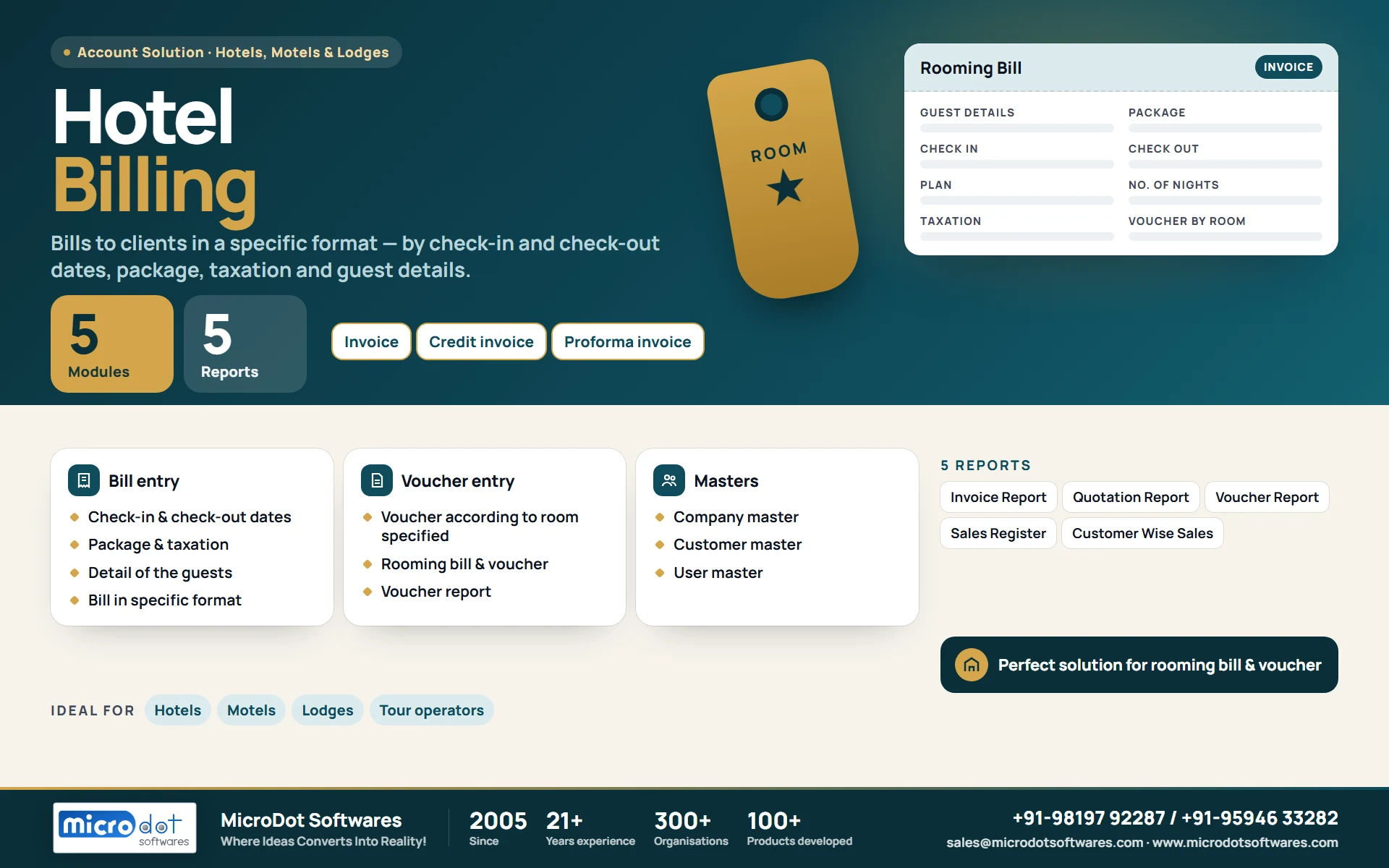 Hotel Billing: product brochure with features, modules, reports and benefits