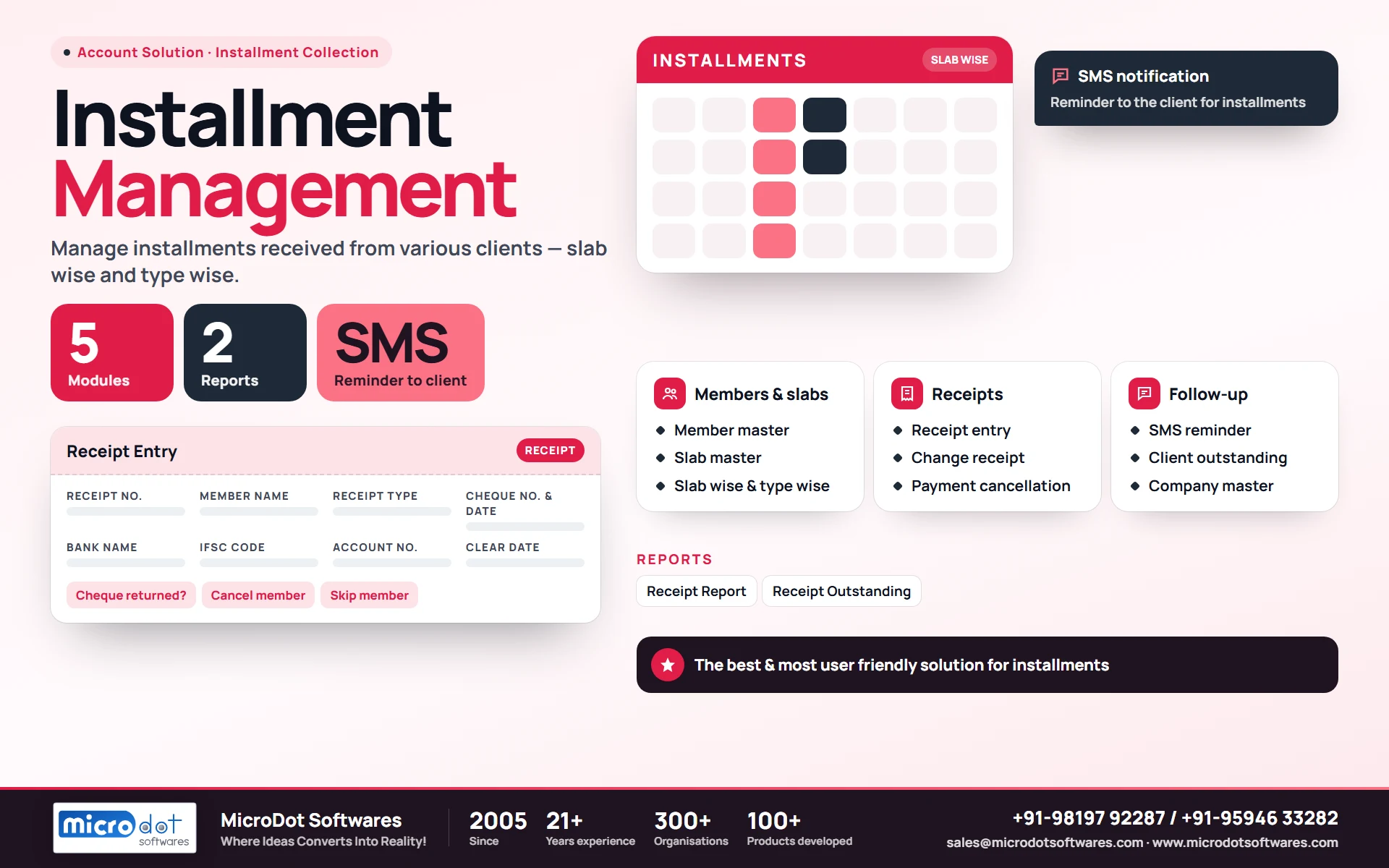 Installment Management: product brochure with features, modules, reports and benefits