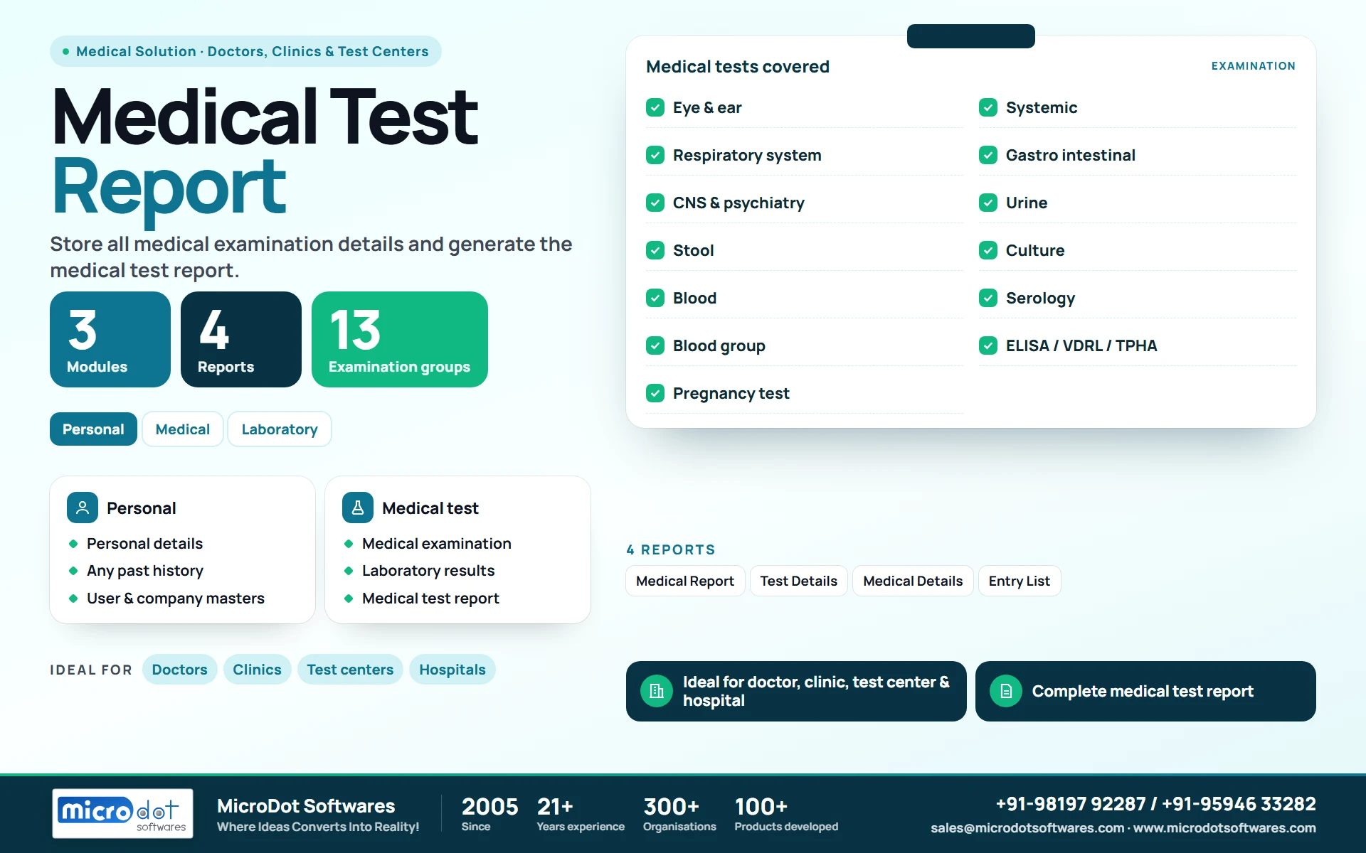 Medical Test Report: product brochure with features, modules, reports and benefits