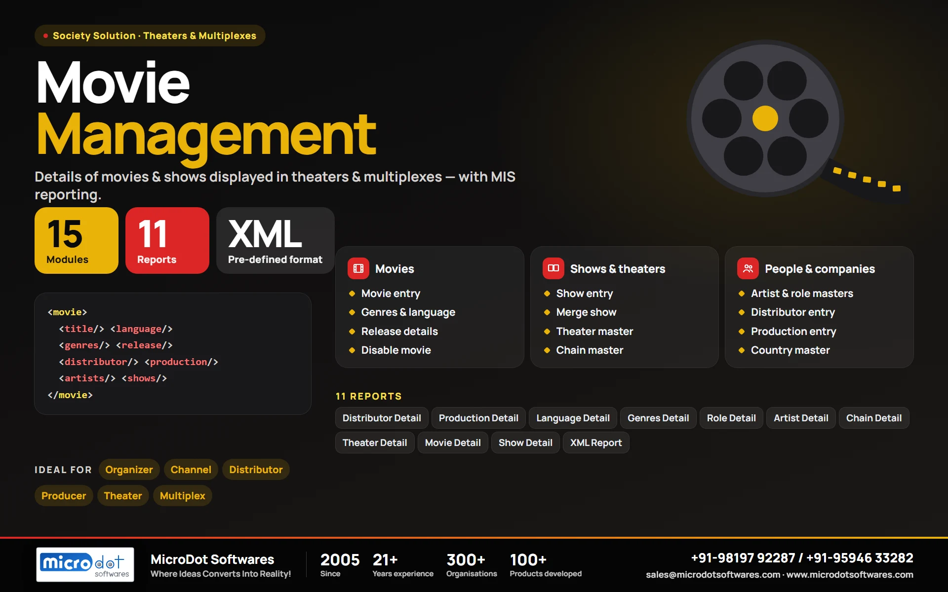 Movie Management: product brochure with features, modules, reports and benefits