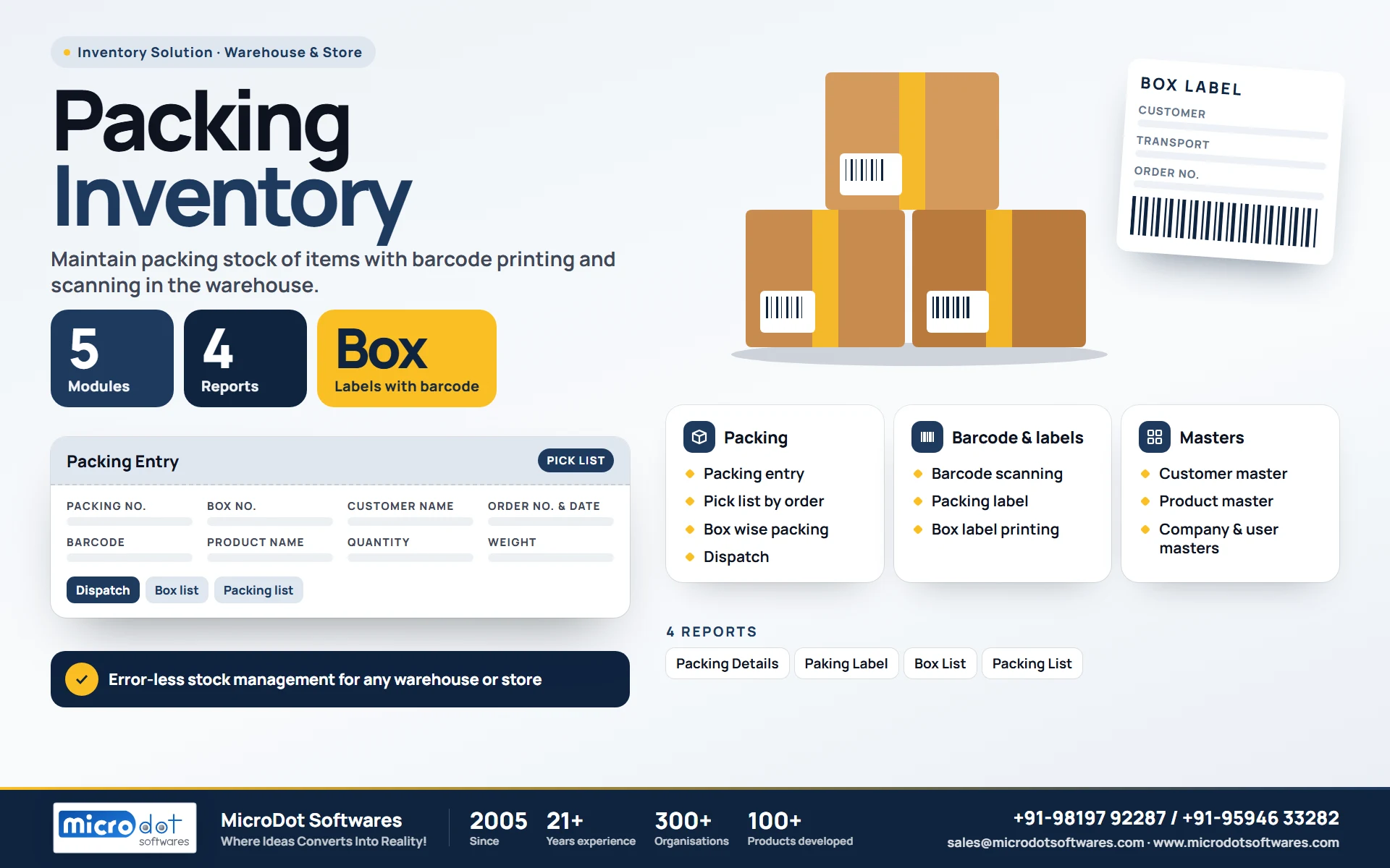 Packing Inventory: product brochure with features, modules, reports and benefits