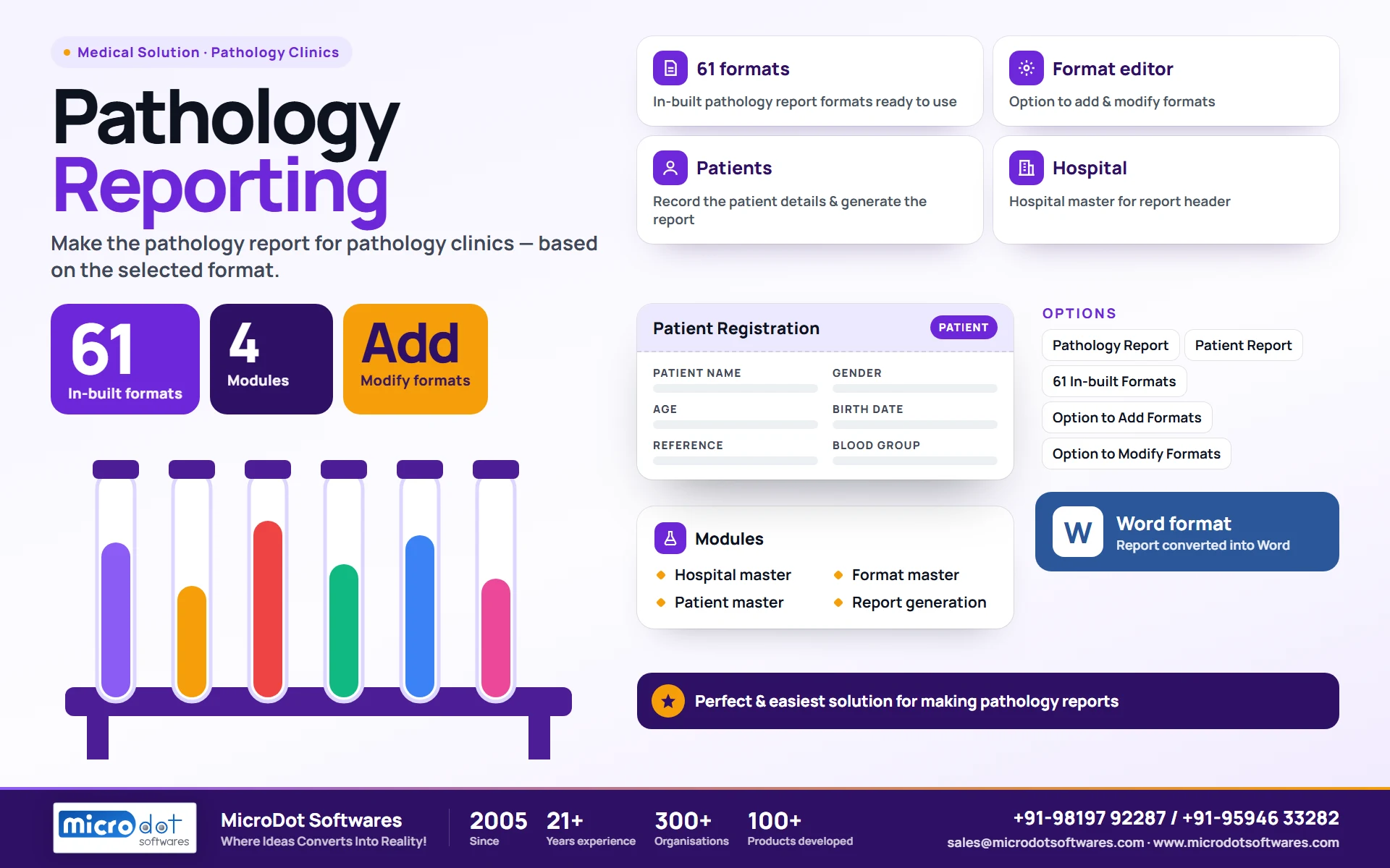 Pathology Reporting: product brochure with features, modules, reports and benefits