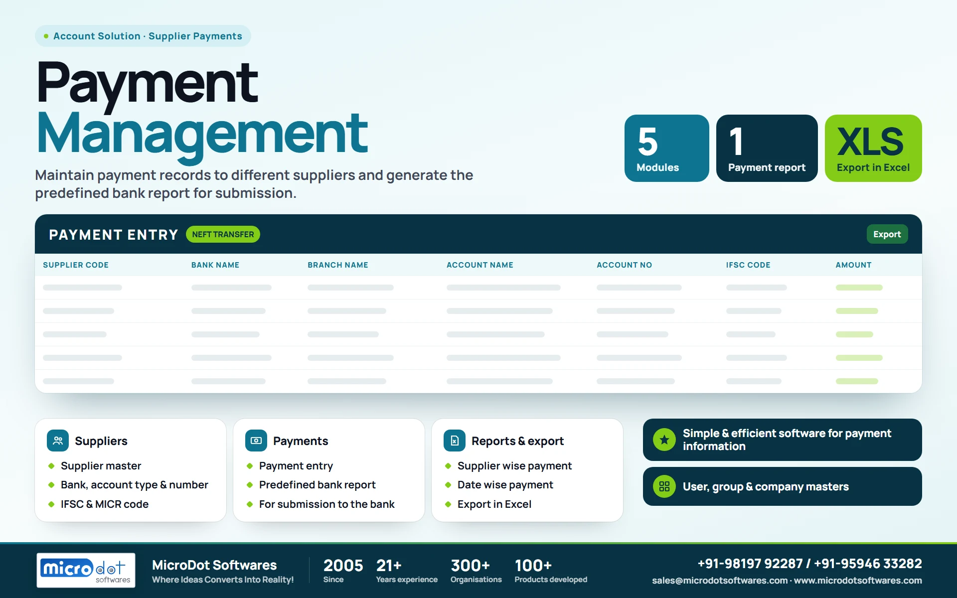 Payment Management: product brochure with features, modules, reports and benefits