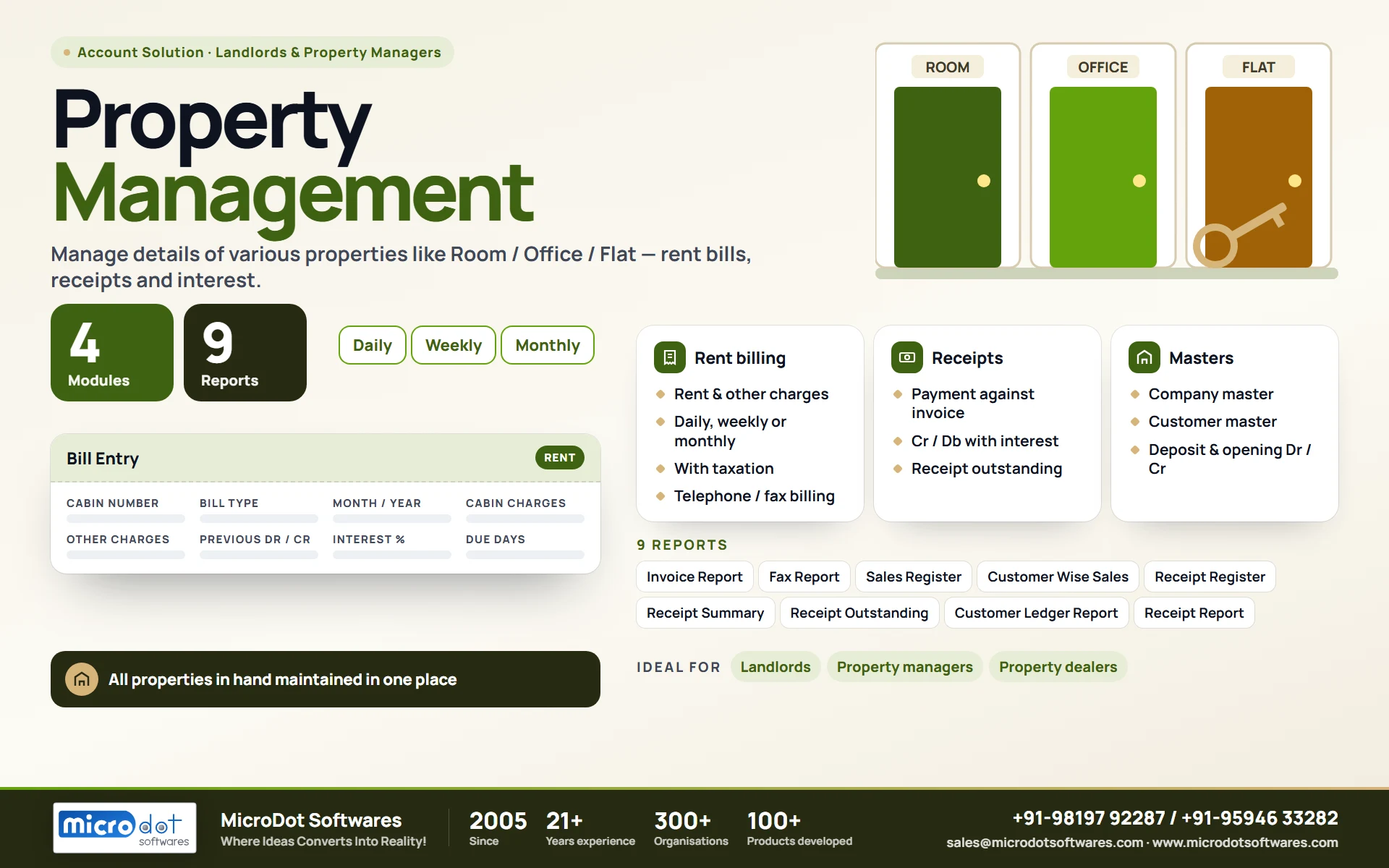 Property Management: product brochure with features, modules, reports and benefits