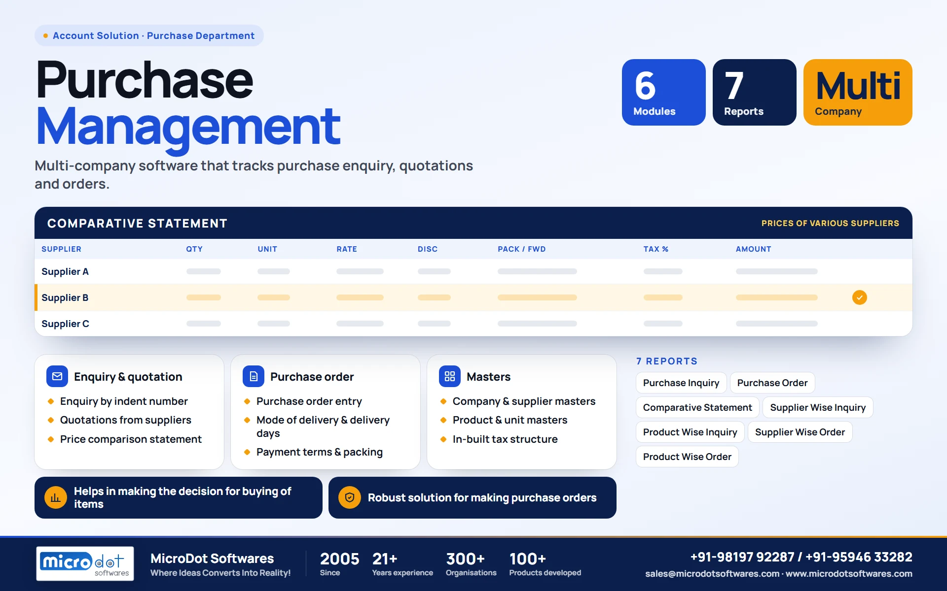 Purchase Management: product brochure with features, modules, reports and benefits