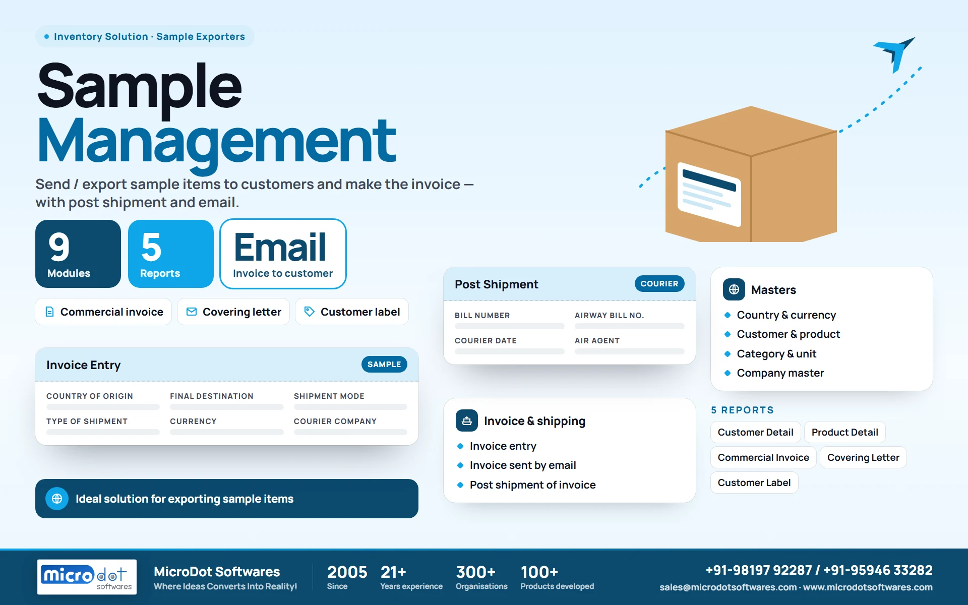 Sample Management: product brochure with features, modules, reports and benefits