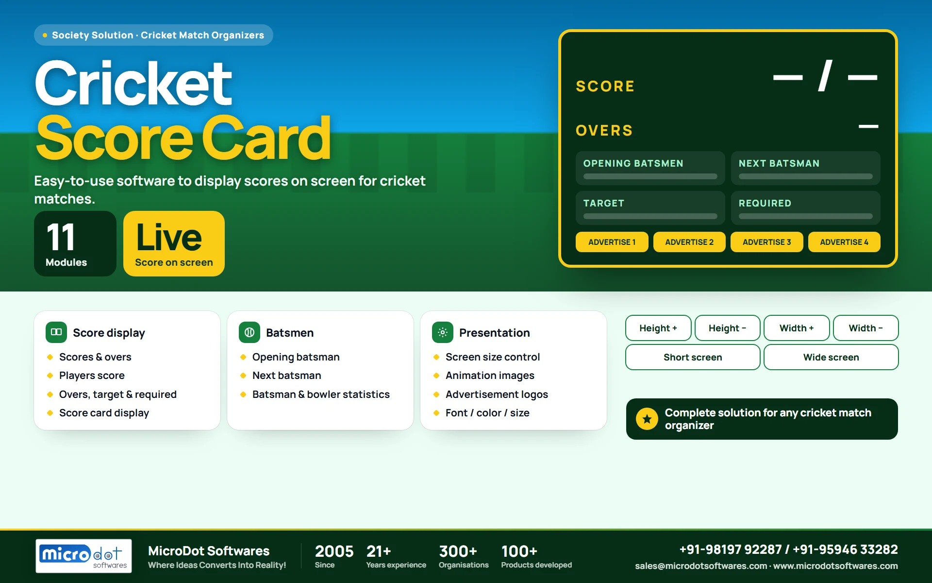 Cricket Score Card: product brochure with features, modules, reports and benefits