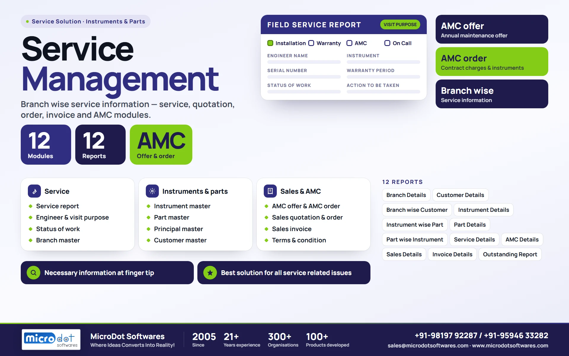 Service Management: product brochure with features, modules, reports and benefits