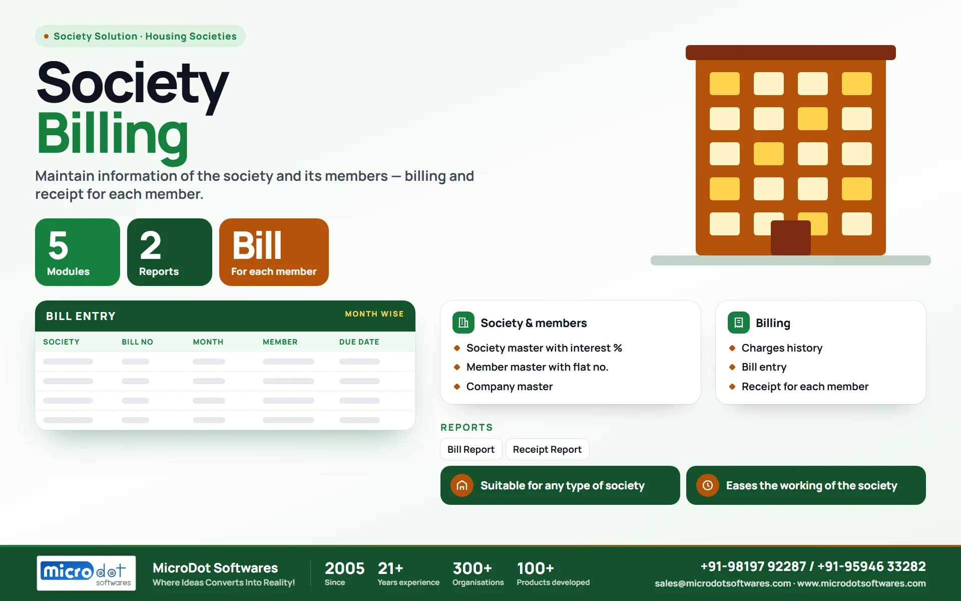 Society Billing: product brochure with features, modules, reports and benefits