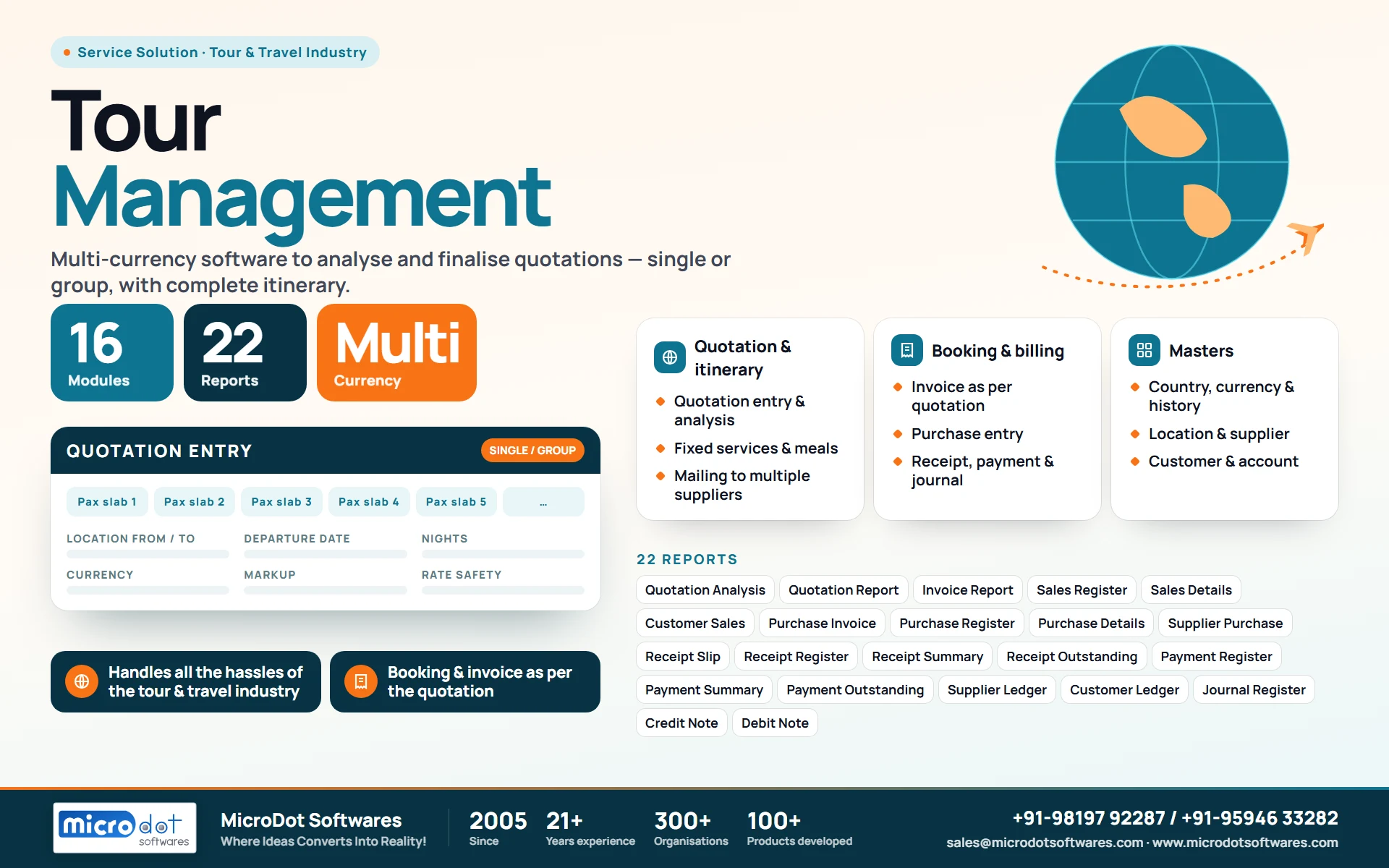 Tour Management: product brochure with features, modules, reports and benefits