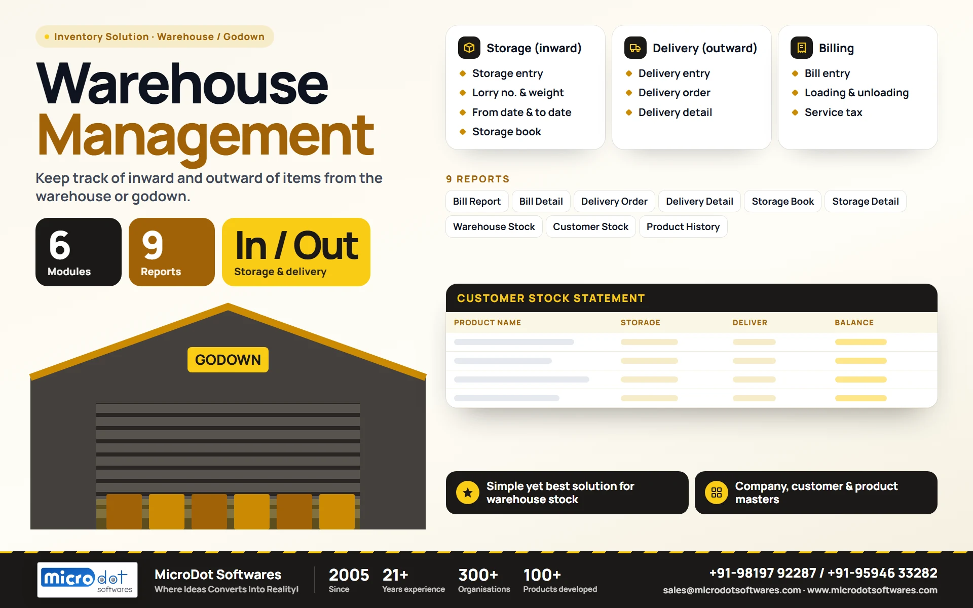Warehouse Management: product brochure with features, modules, reports and benefits